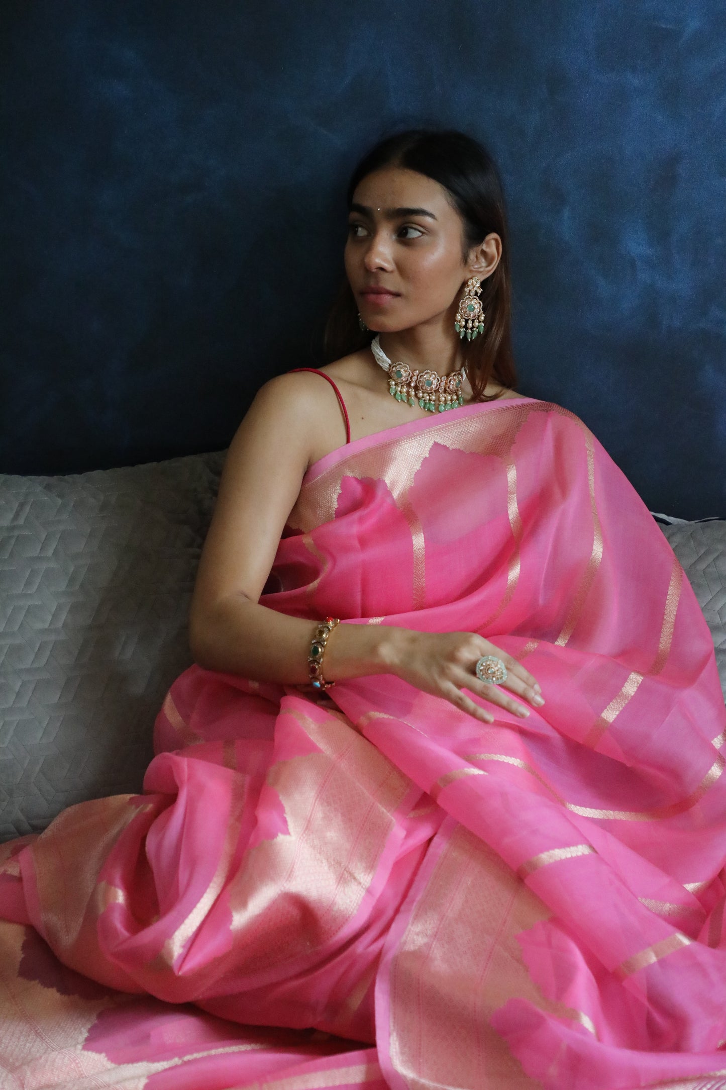 Kachnaar Saree - Banarasi Handwoven Pure Organza Silk Saree in Mehraab Stripe Pattern | A Floral Ode to Heritage from Rang-e-Riwaayat