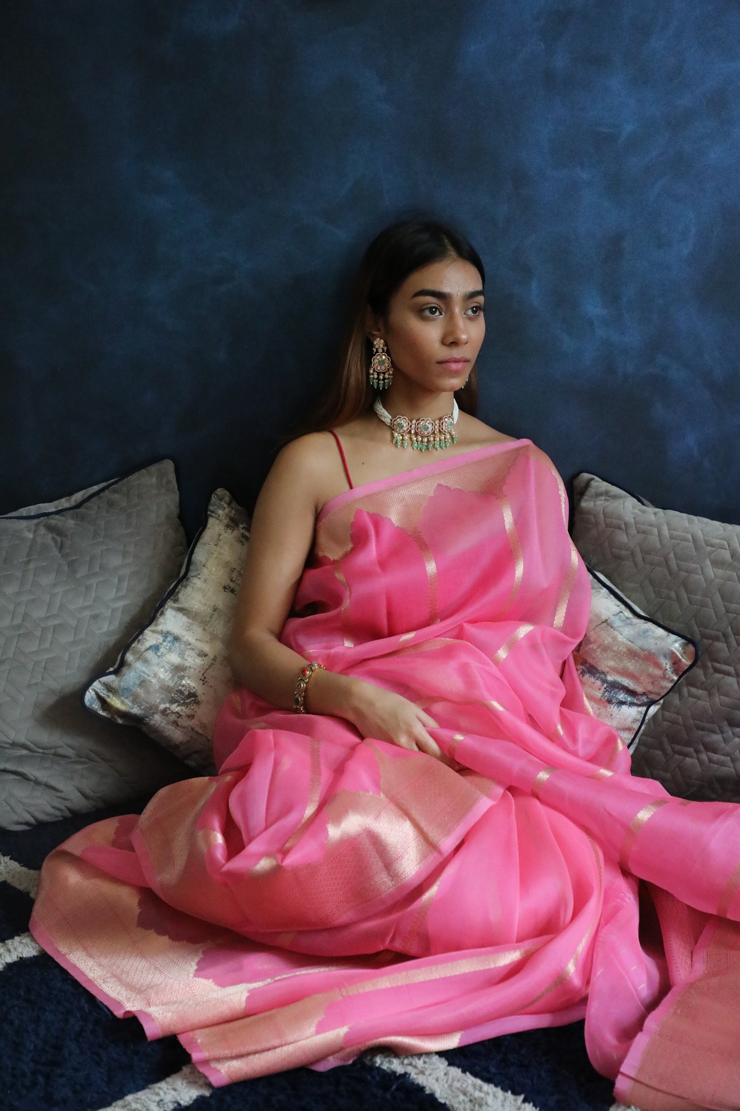Kachnaar Saree - Banarasi Handwoven Pure Organza Silk Saree in Mehraab Stripe Pattern | A Floral Ode to Heritage from Rang-e-Riwaayat
