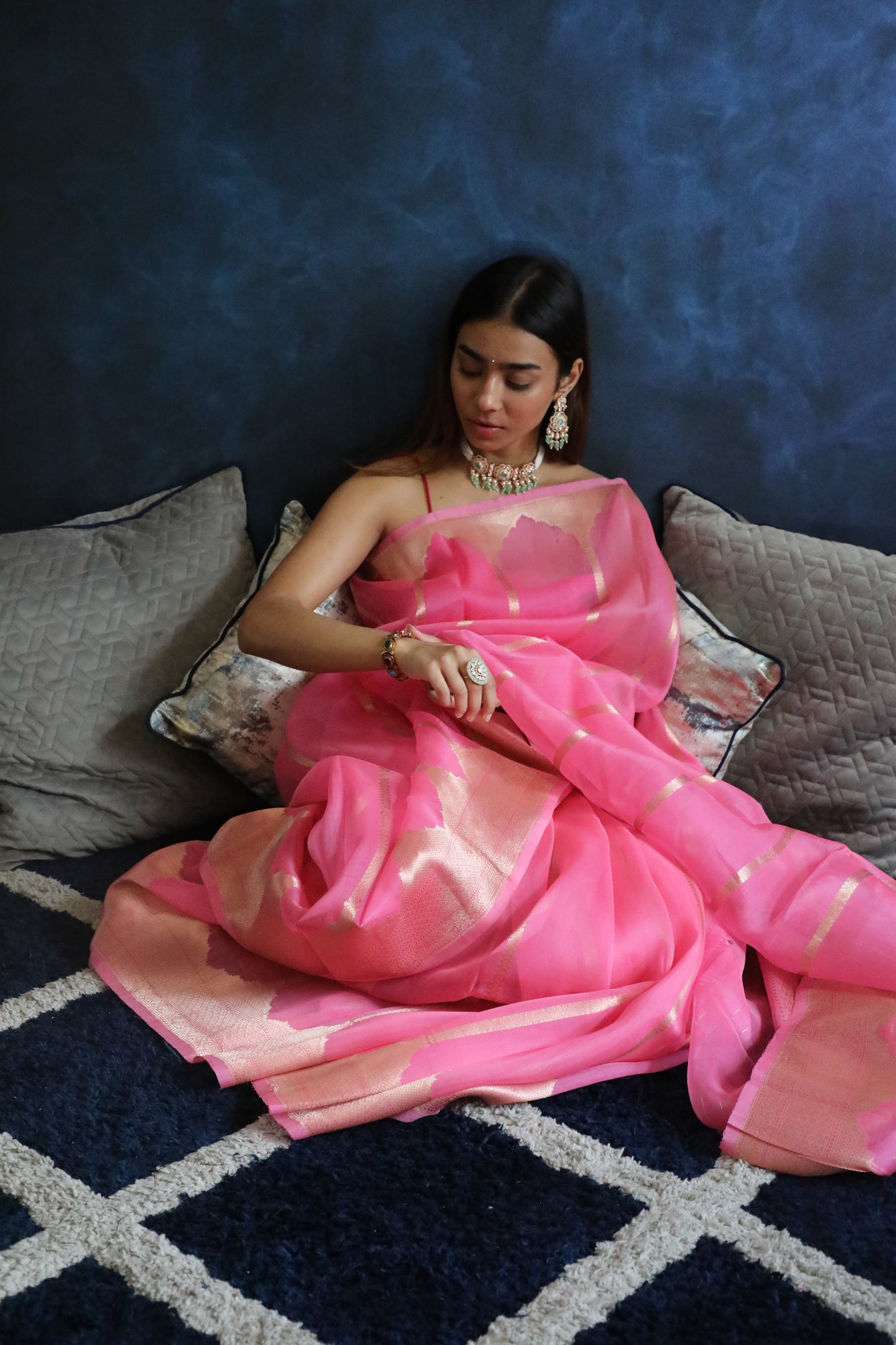 Kachnaar Saree - Banarasi Handwoven Pure Organza Silk Saree in Mehraab Stripe Pattern | A Floral Ode to Heritage from Rang-e-Riwaayat
