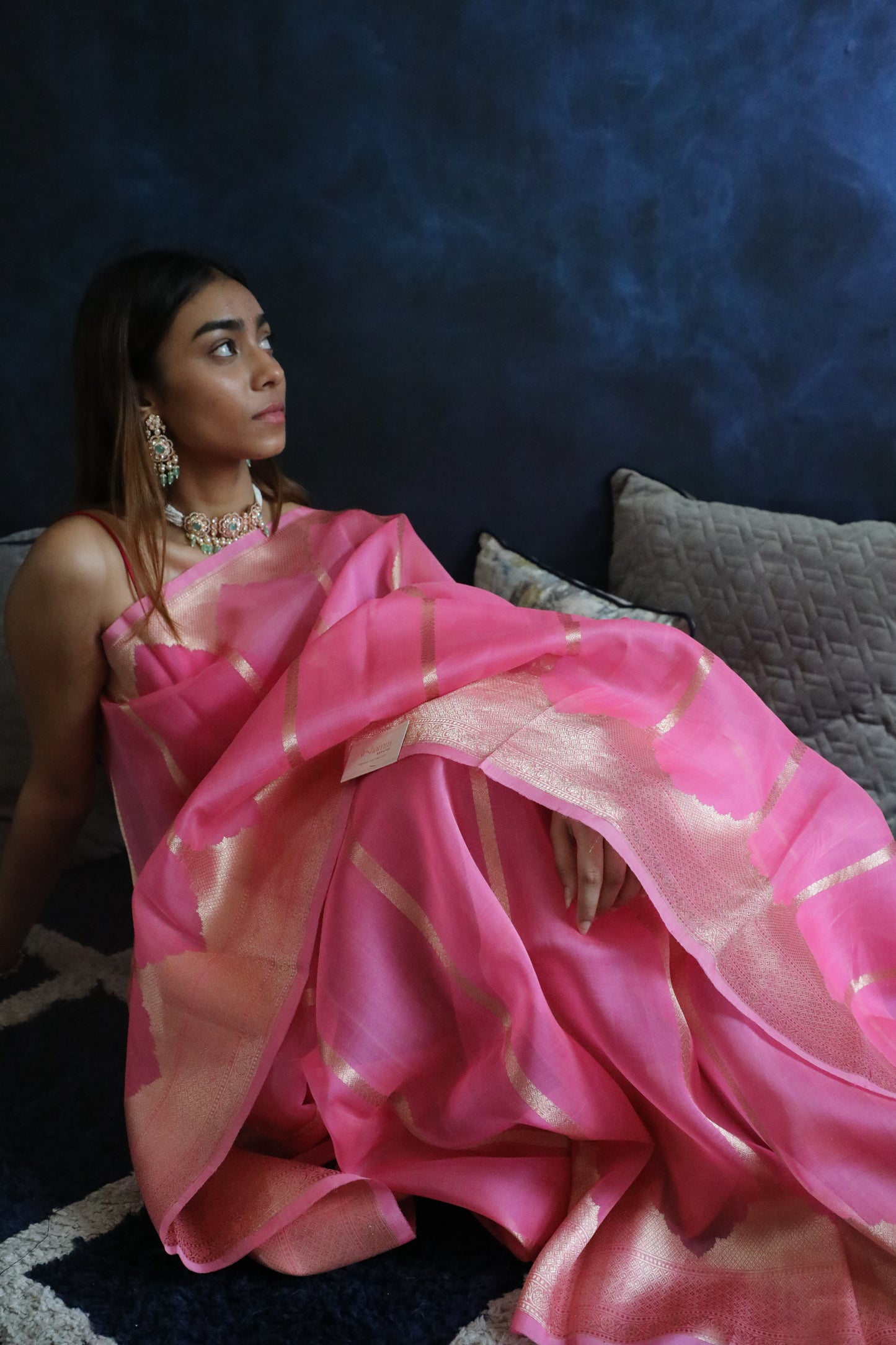 Kachnaar Saree - Banarasi Handwoven Pure Organza Silk Saree in Mehraab Stripe Pattern | A Floral Ode to Heritage from Rang-e-Riwaayat