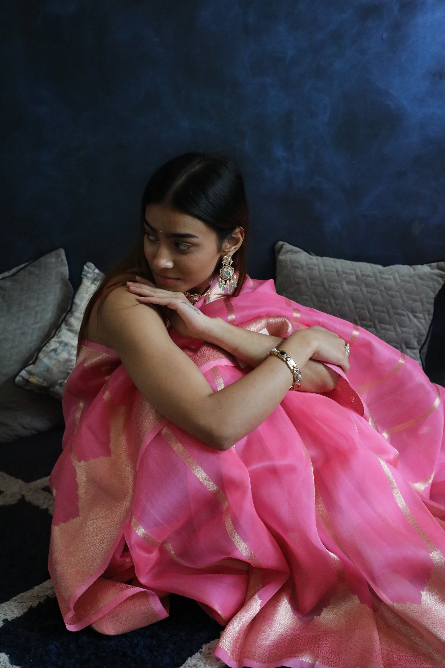 Kachnaar Saree - Banarasi Handwoven Pure Organza Silk Saree in Mehraab Stripe Pattern | A Floral Ode to Heritage from Rang-e-Riwaayat