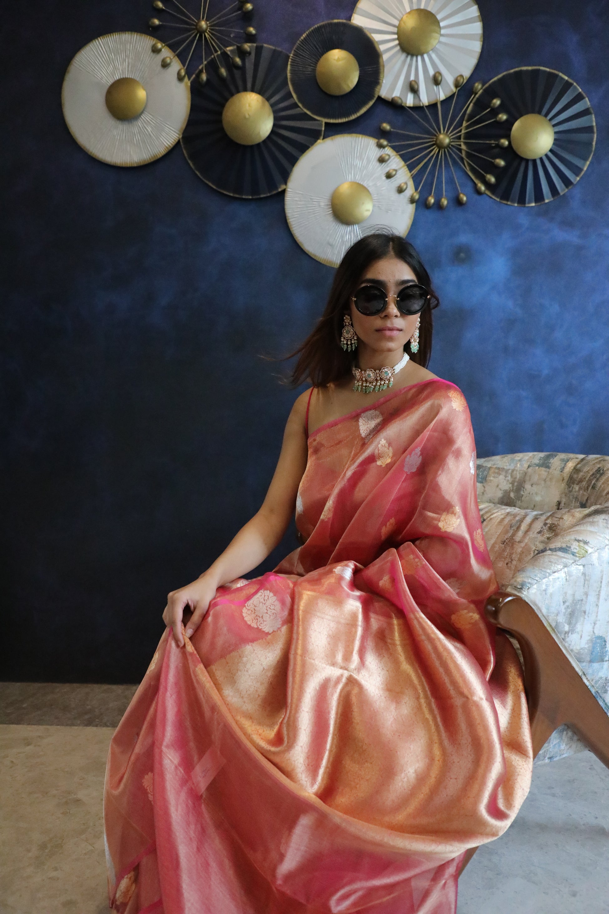 Luxury Gulnaar Banarasi silk saree in vibrant pink, handwoven floral detailing, horizontal layout