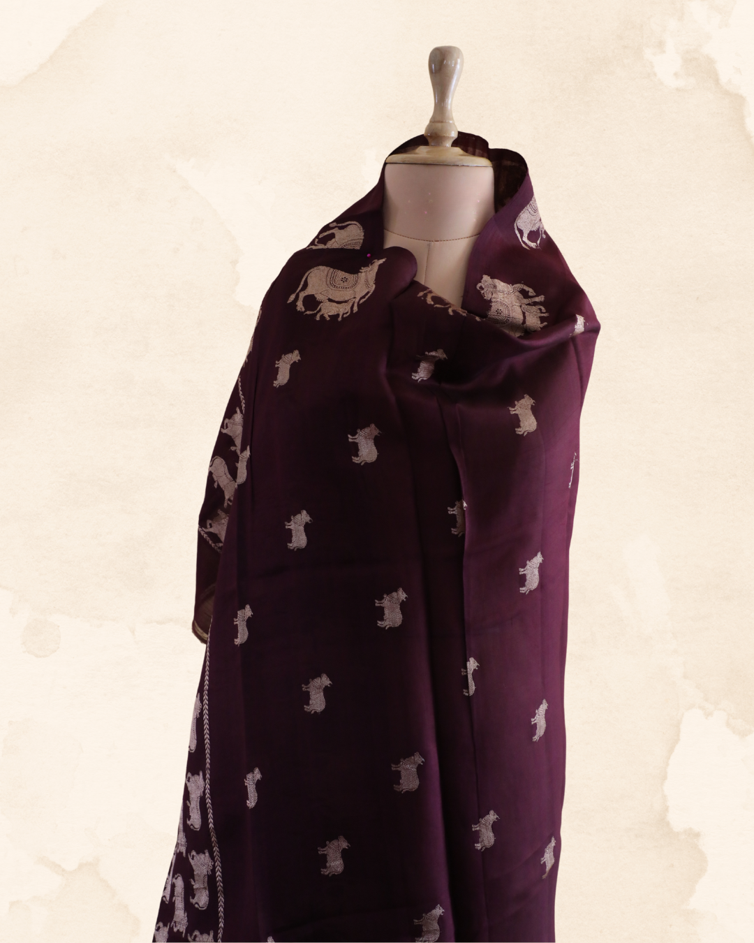 Pure organza Banarasi dupatta in rich mocha shade, Dhenu design with symbolic cow motifs
