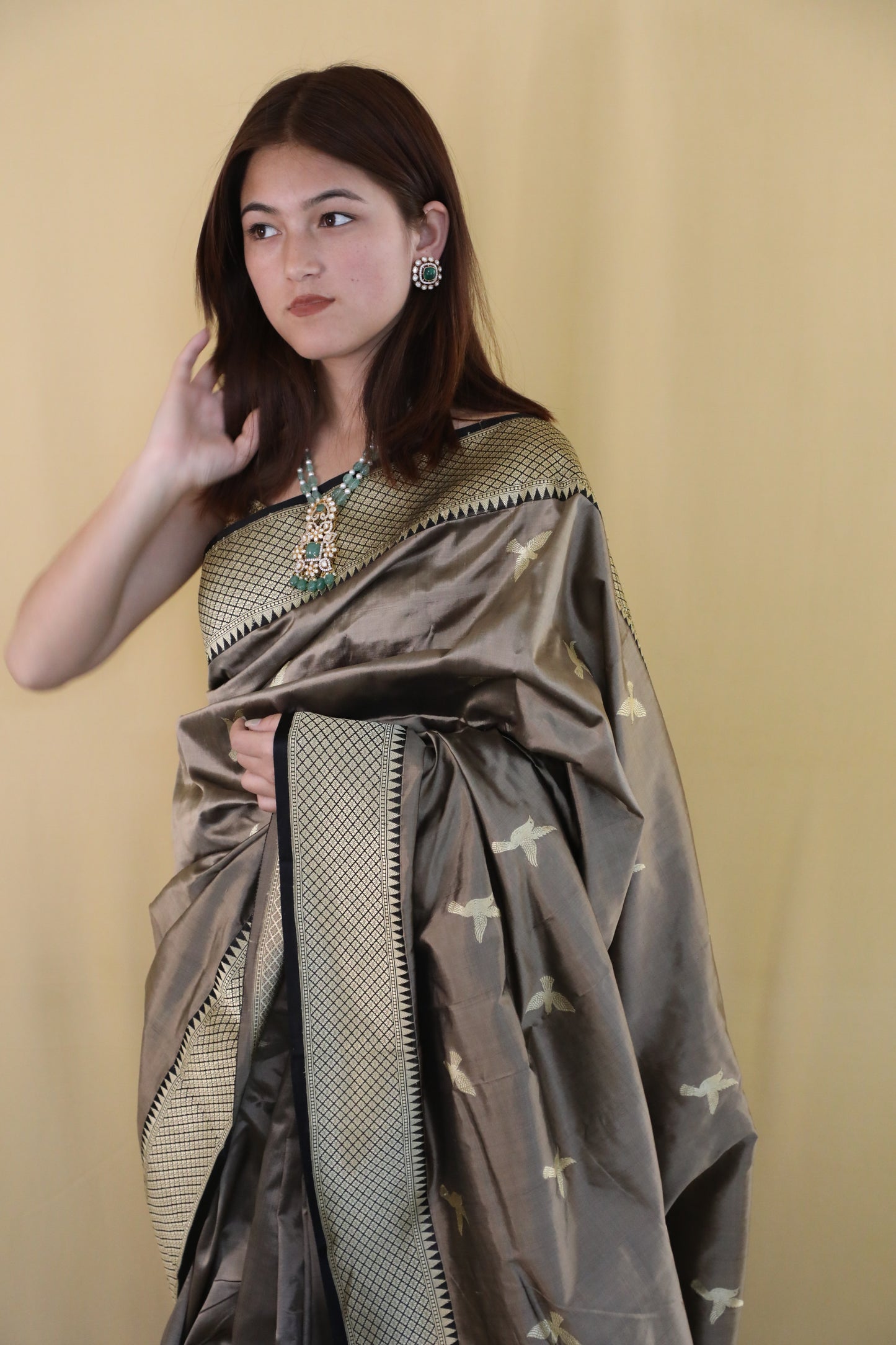 Festive wear taupe Katan silk saree with delicate Banarasi weaving