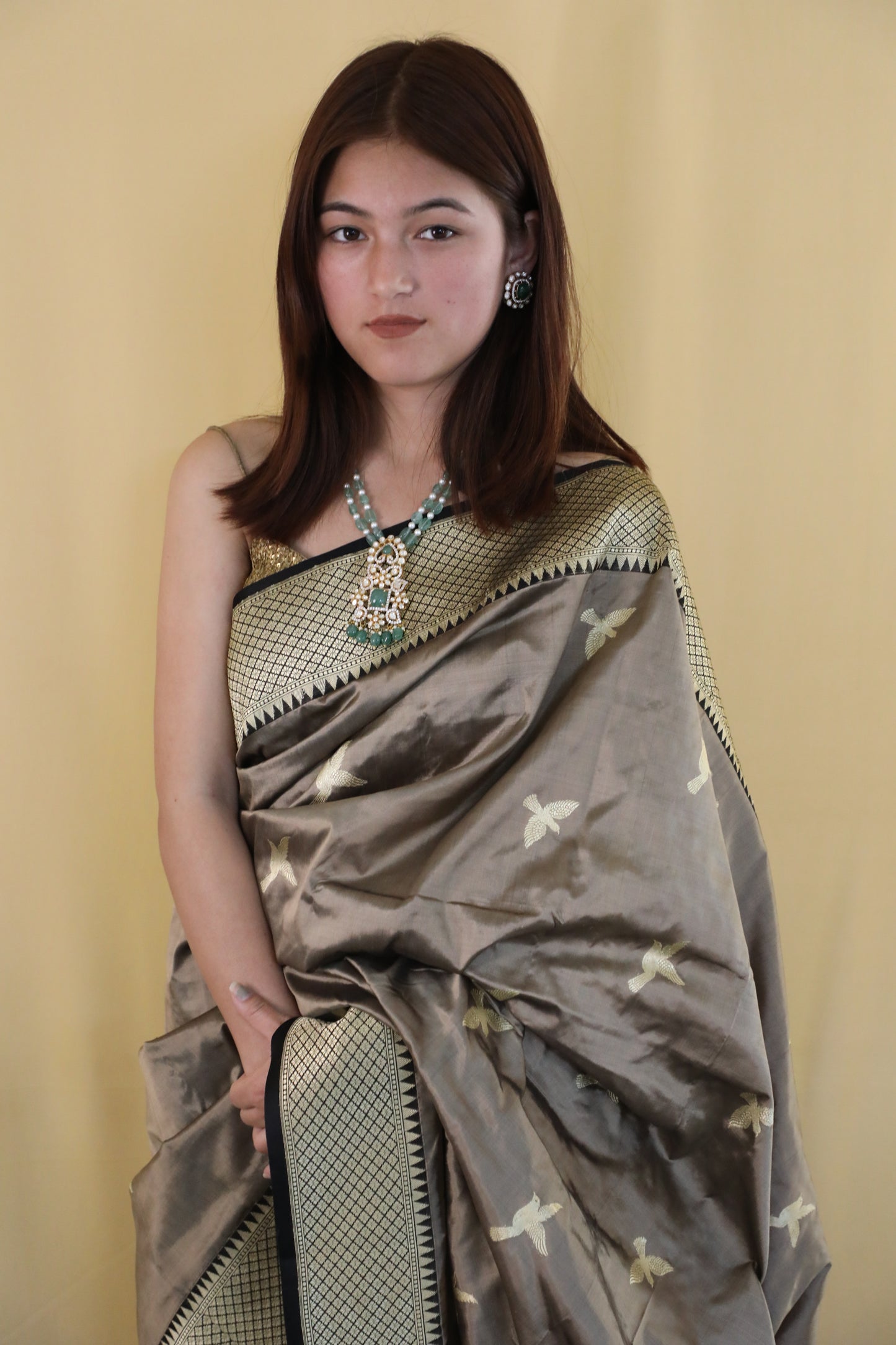 Taupe Suvarna Banarasi Katan silk saree with flying bird motifs