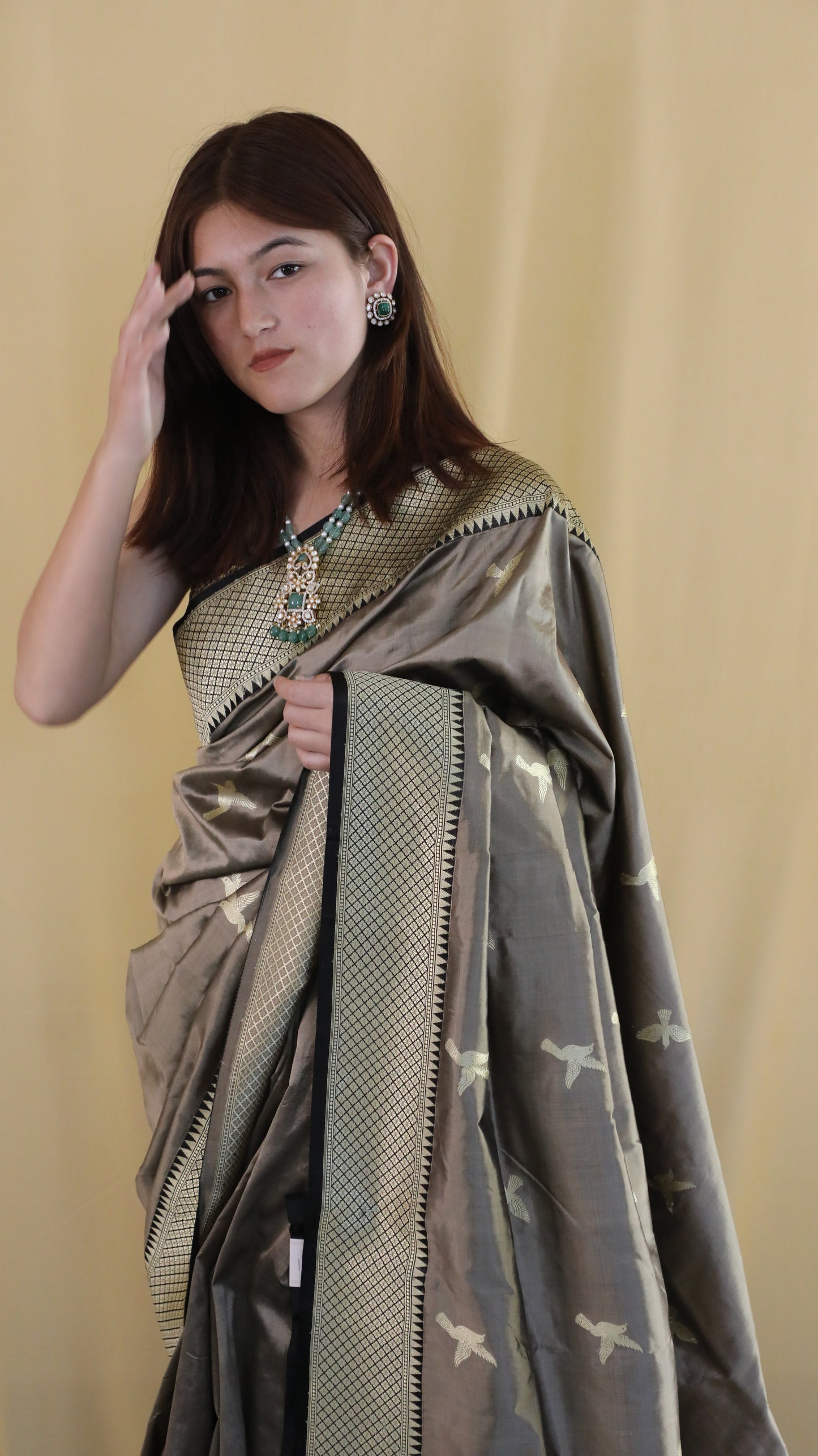 Suvarna Banarasi silk saree in taupe for weddings and special occasions