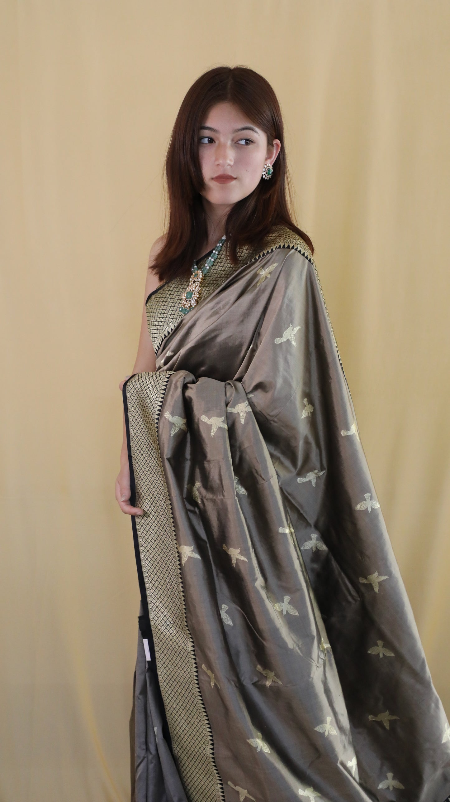 Pure Katan silk Banarasi saree in taupe from Totem Collection
