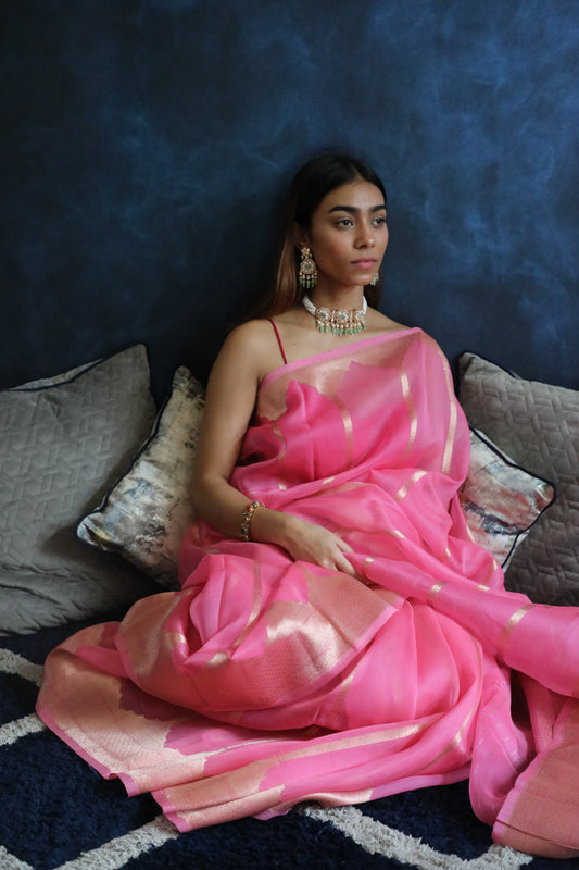 Kachnaar Saree - Banarasi Handwoven Pure Organza Silk Saree in Mehraab Stripe Pattern | A Floral Ode to Heritage from Rang-e-Riwaayat
