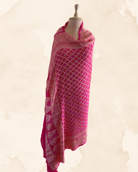 Gulabi Bandhani Banarasi Georgette Dupatta - Handcrafted Elegance