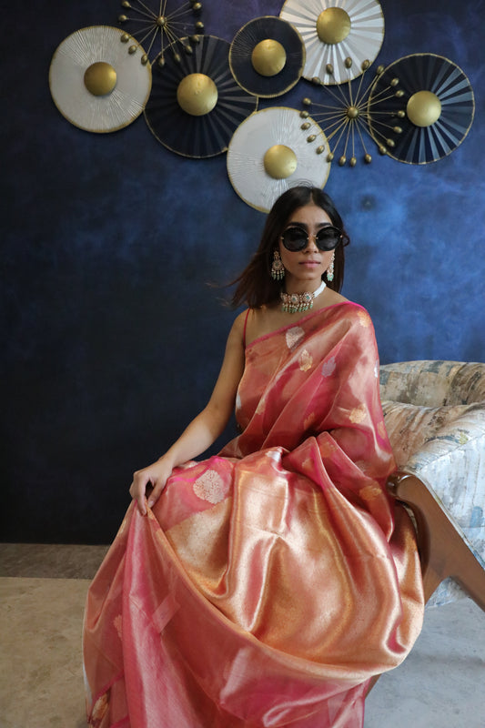 Gulnaar - Banarasi Pure Tissue Silk Saree in Pink | Handwoven Elegance from Rang-e-Riwaayat