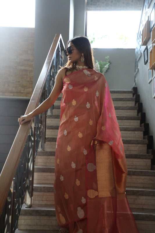 Gulnaar - Banarasi Pure Tissue Silk Saree in Pink | Handwoven Elegance from Rang-e-Riwaayat
