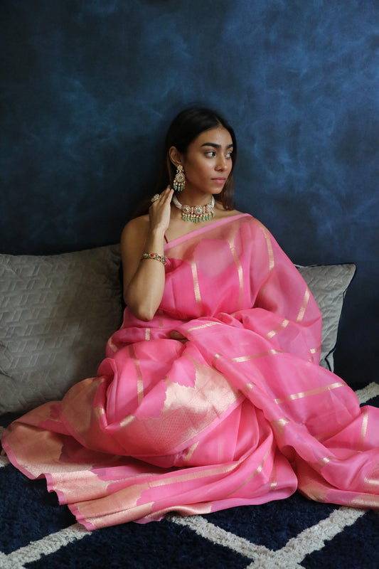 Kachnaar Saree - Banarasi Handwoven Pure Organza Silk Saree in Mehraab Stripe Pattern | A Floral Ode to Heritage from Rang-e-Riwaayat
