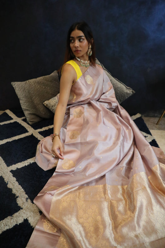 Kaner Saree - Banarasi Pure Silk Handwoven Lilac Saree with Zari Butis | A Bloom of Grace from Rang-e-Riwaayat
