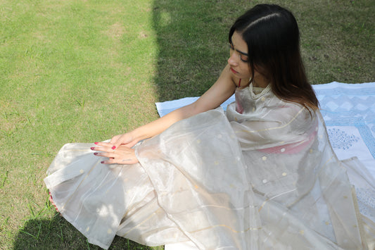 Harsingaar – Banarasi Pure Tissue Silk Saree in Silver Ivory | Handwoven Grace from Rang-e-Riwaayat