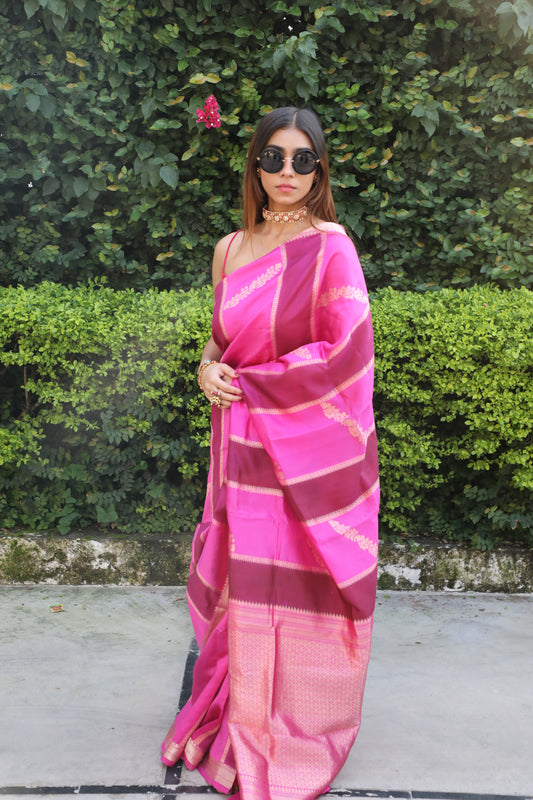 Juhi - Banarasi Pure Silk Saree in Rangkat Pink Stripes | A Bloom of Handwoven Elegance from Rang-e-Riwaayat