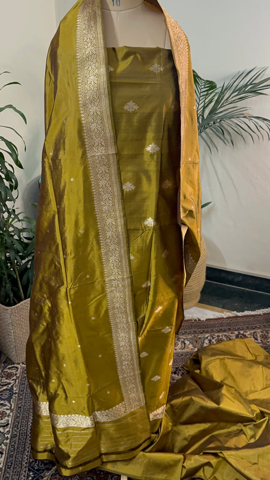 Inaya - Opulent Silk Unstitched Suit with Handwoven Zari