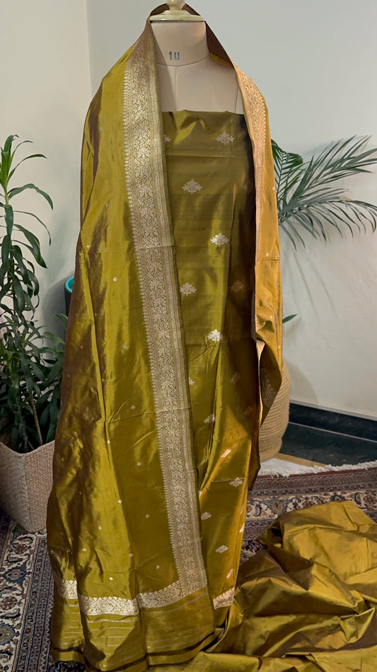 Inaya - Opulent Silk Unstitched Suit with Handwoven Zari