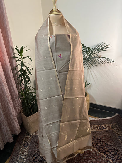 Unstitched Muga Silk suit, Suits, Sana Muga Silk suit set, Reshamm Muga Silk suit, rang-e-riwayat, Muga Silk fabric close-up, Indian silk suit fabric, Handloom Muga Silk suit, Golden Muga Silk material, dupatta, banarasi