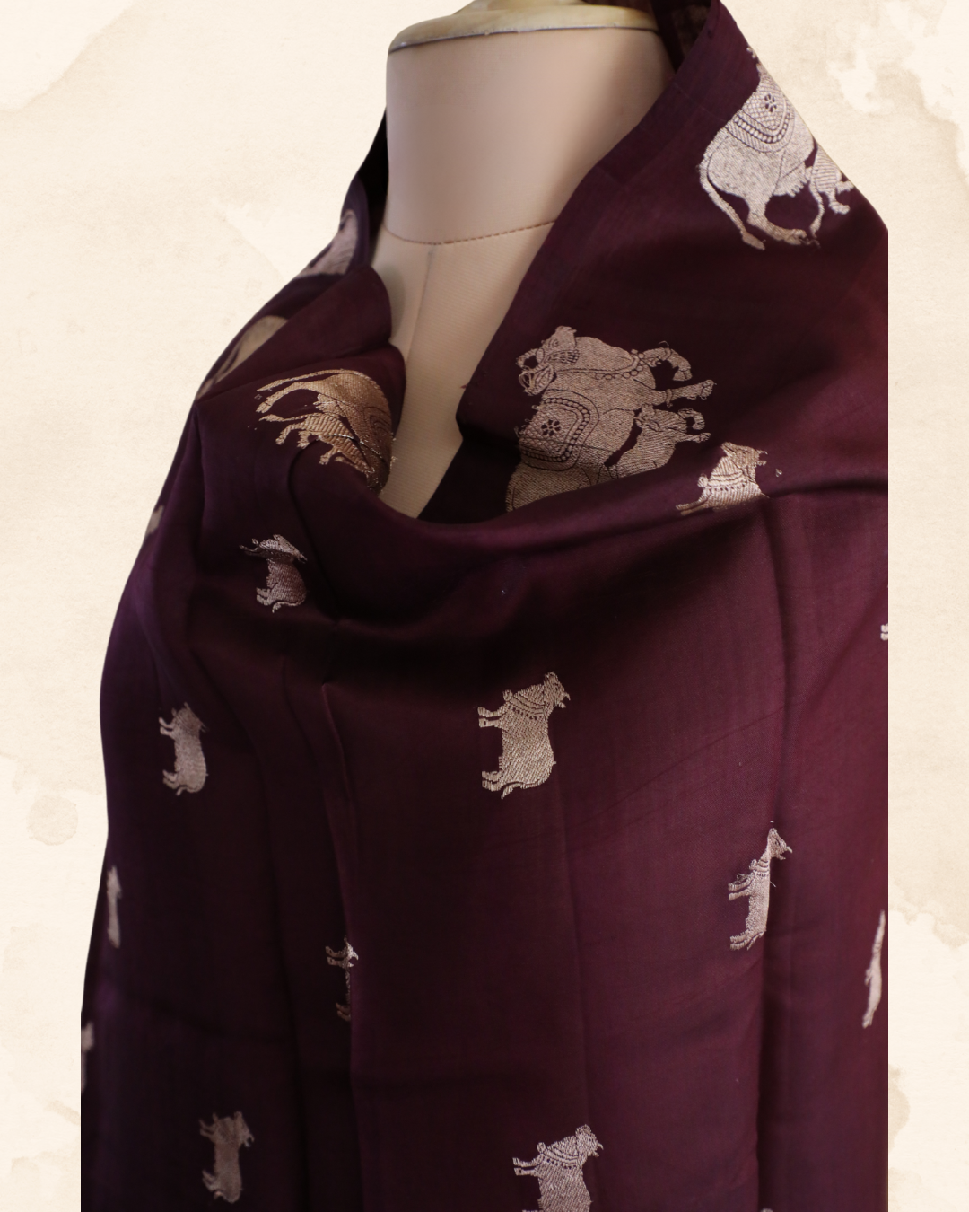 Dhenu Banarasi organza silk dupatta in mocha coffee, handwoven with sacred cow motifs in Kadhwa weave.

