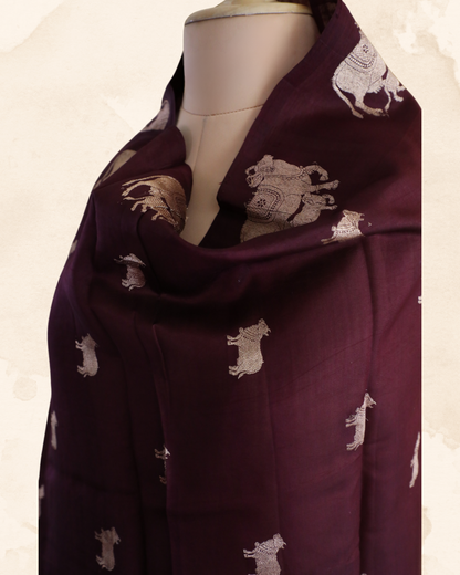 Dhenu Banarasi organza silk dupatta in mocha coffee, handwoven with sacred cow motifs in Kadhwa weave.


