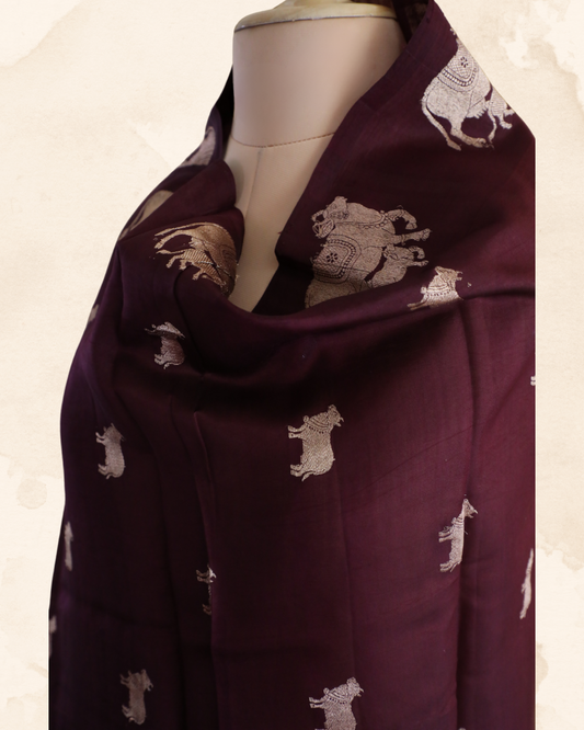 Dhenu Banarasi organza silk dupatta in mocha coffee, handwoven with sacred cow motifs in Kadhwa weave.

