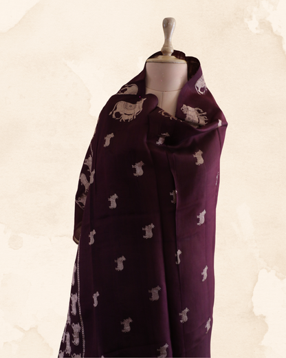 Pure organza Banarasi dupatta in rich mocha shade, Dhenu design with symbolic cow motifs