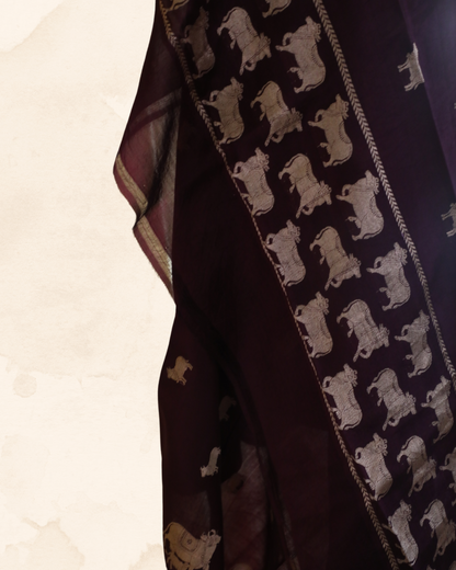 Handwoven Banarasi pure organza silk dupatta, Dhenu in mocha coffee with intricate cow motif designs