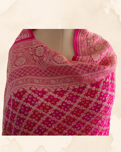 Rose pink Bandhani Banarasi Georgette silk dupatta for festive wear