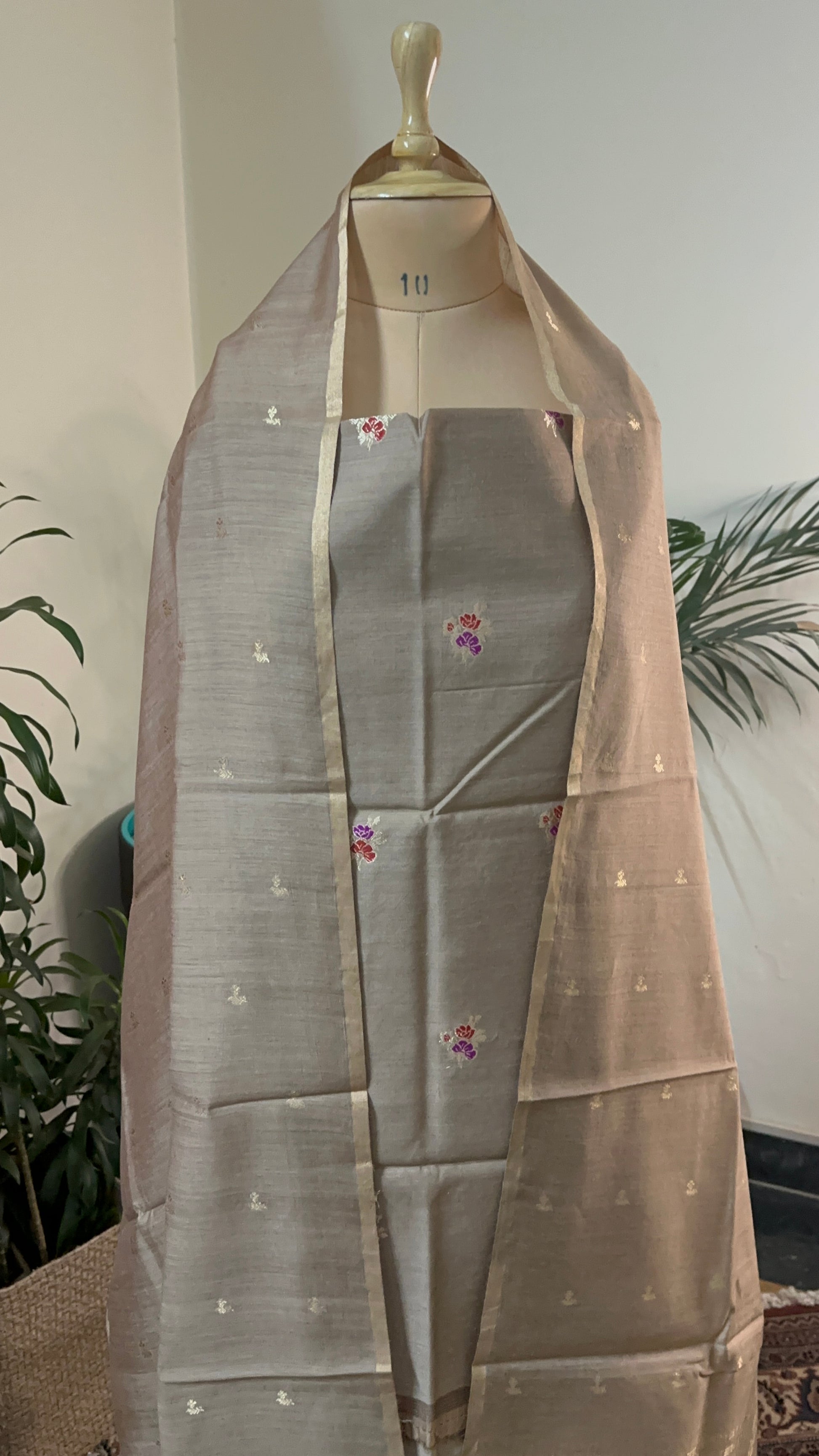 Unstitched Muga Silk suit, Suits, Sana Muga Silk suit set, Reshamm Muga Silk suit, rang-e-riwayat, Muga Silk fabric close-up, Indian silk suit fabric, Handloom Muga Silk suit, Golden Muga Silk material, dupatta, banarasi