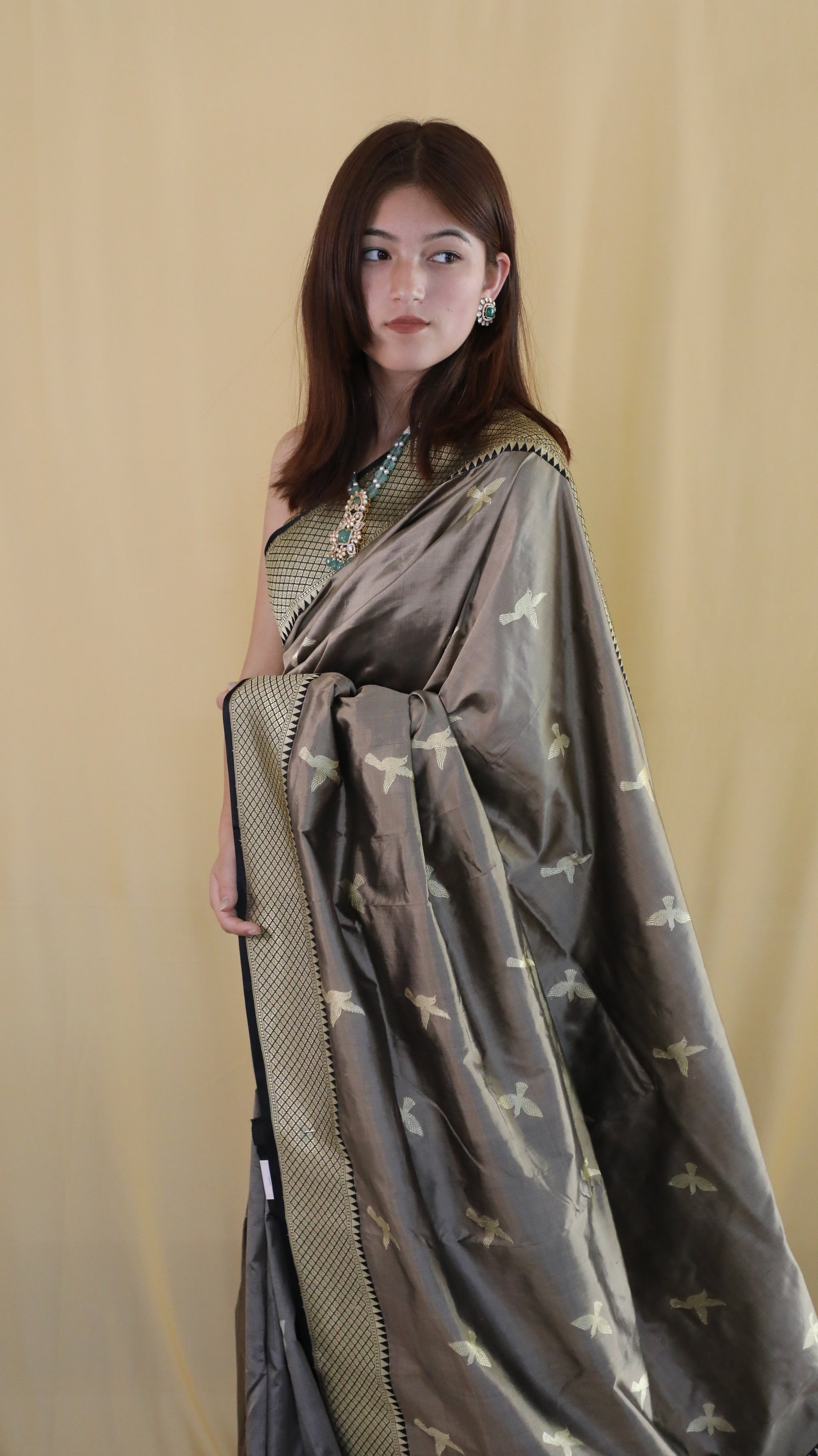 Pure Katan silk Banarasi saree in taupe from Totem Collection
